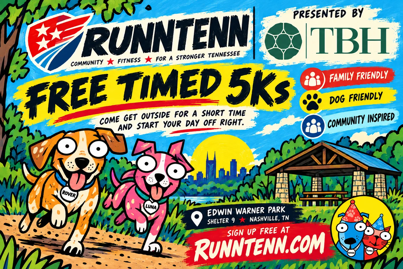 RUNNTENN free timed 5K at Edwin Warner Park, Shelter 9 — presented by TBH. Family friendly, dog friendly, community inspired.